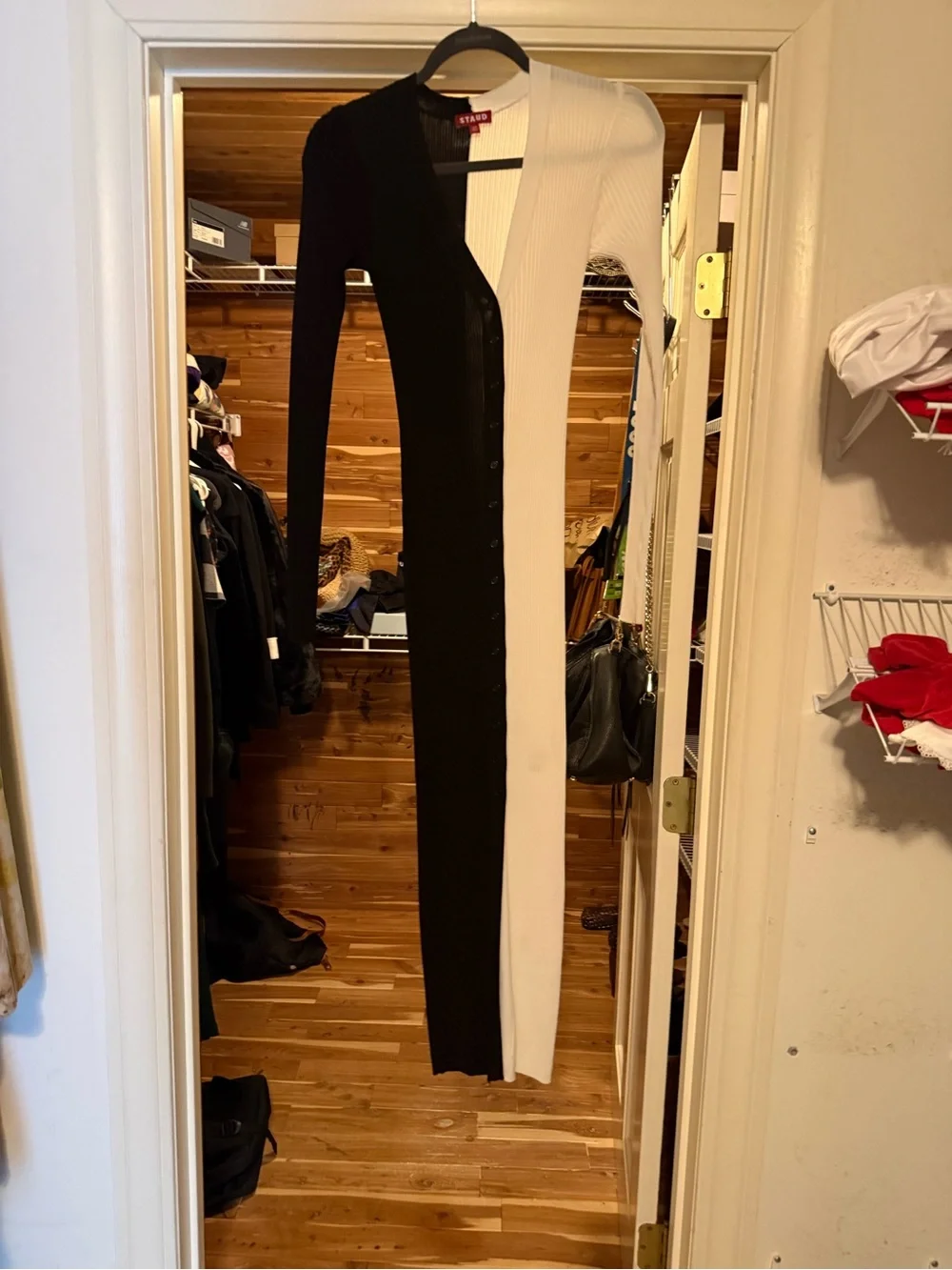 Staud Shoko Sweater Dress, Black & White Ribbed Button-Front Midi Dress, XS - Picture 2 of 4